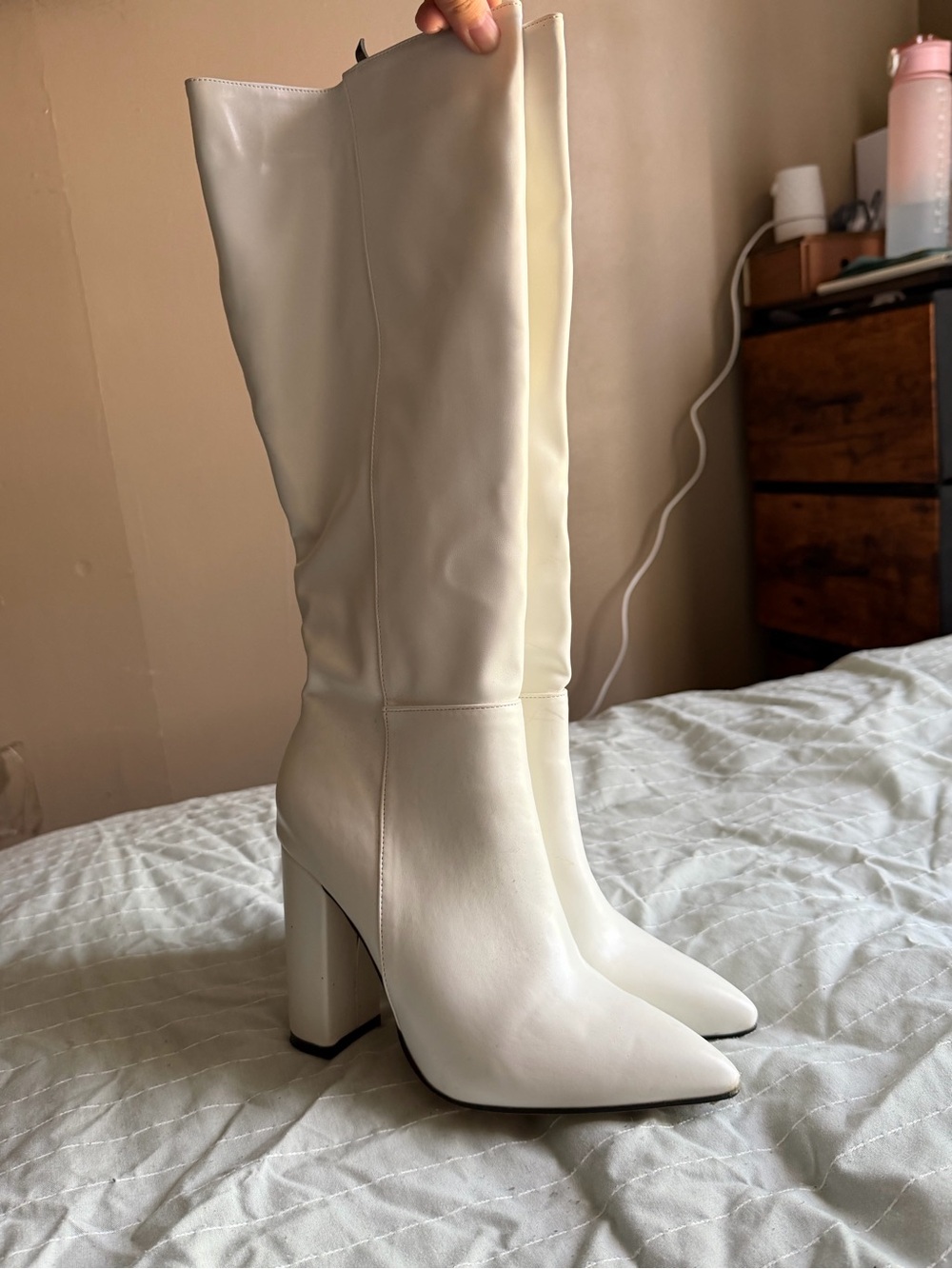 Women's White Tall Block Heel Boots